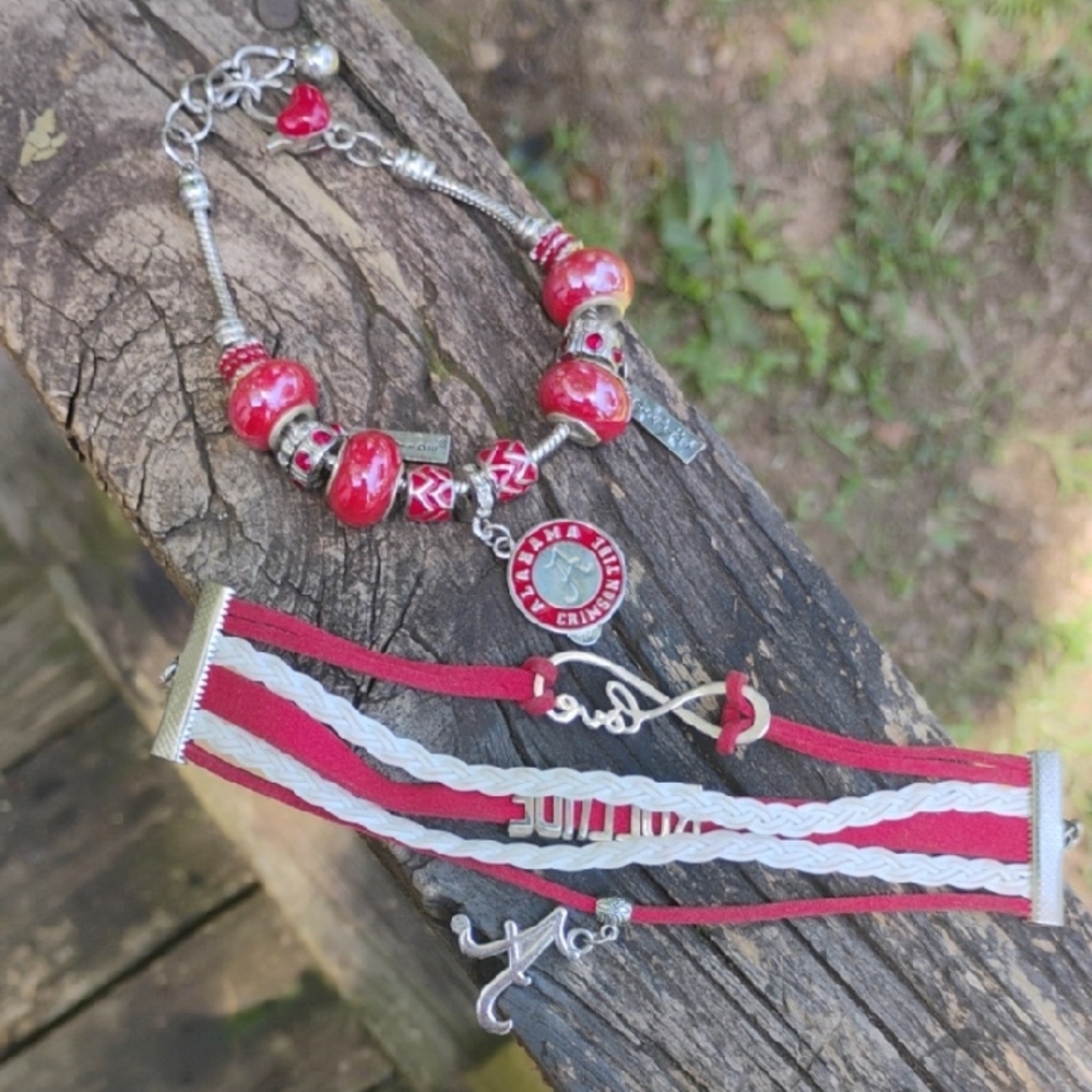 Red and Silver Beaded Bracelet Set